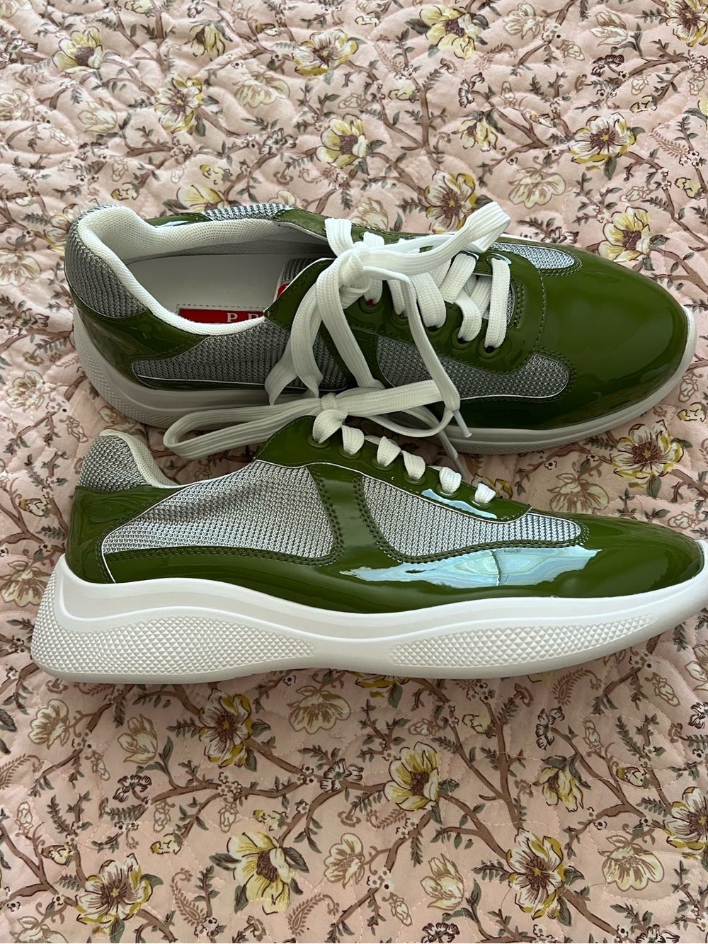 Prada Olive Green Patent & Gray Mesh Sneakers